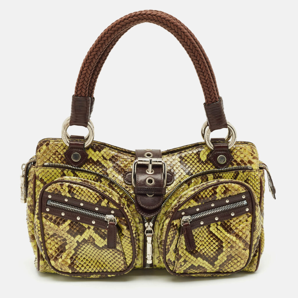 luxury-women-versace-used-handbags-p1146034-013 Versace Green Leather and Python Multiple Pocket Satchel