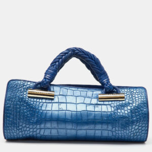Versace Metallic Blue Croc Embossed Leather Frame Satchel