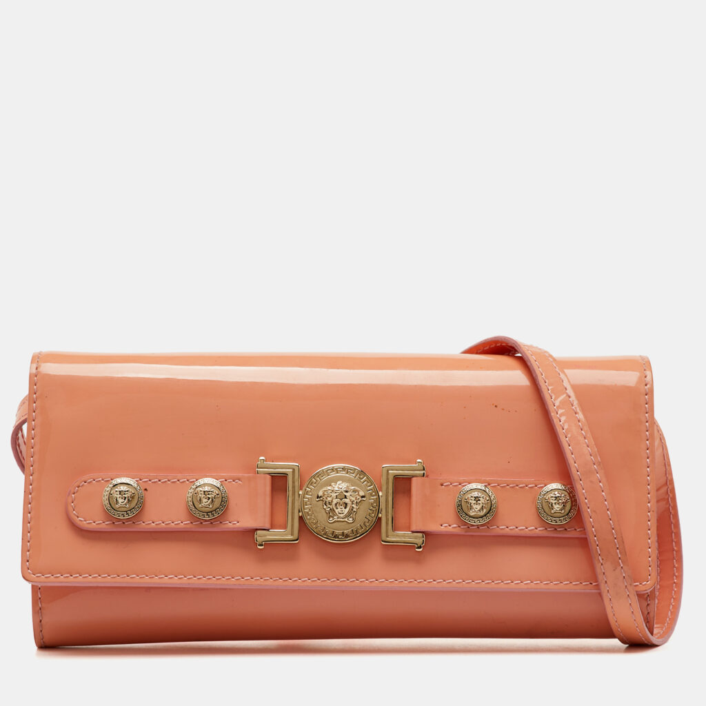 luxury-women-versace-used-handbags-p1159719-004 Versace Coral Pink Patent Leather Medusa Flap Continental Wallet On Strap