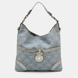 Versace Metallic Silver/Grey Signature Canvas and Leather Medusa Trim Shoulder Bag