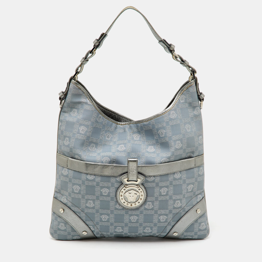 Versace Metallic Silver/Grey Signature Canvas and Leather Medusa Trim Shoulder Bag