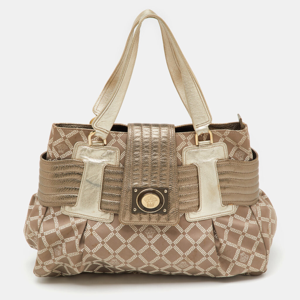 luxury-women-versace-used-handbags-p1160403-006 Versace Metallic Grey Signature Canvas and Leather Satchel