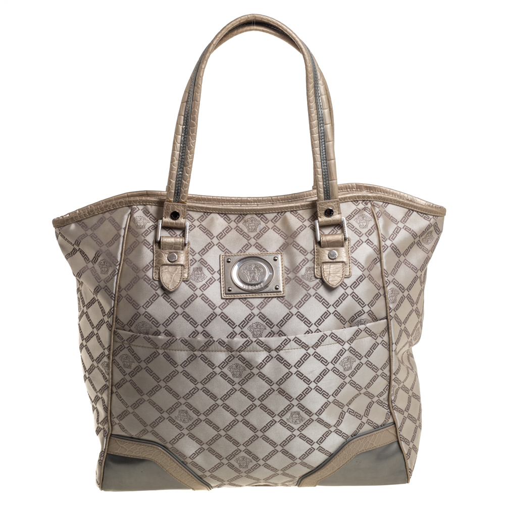 luxury-women-versace-used-handbags-p390707-005 Versace Beige Monogram Fabric and Croc Embossed Leather Tote