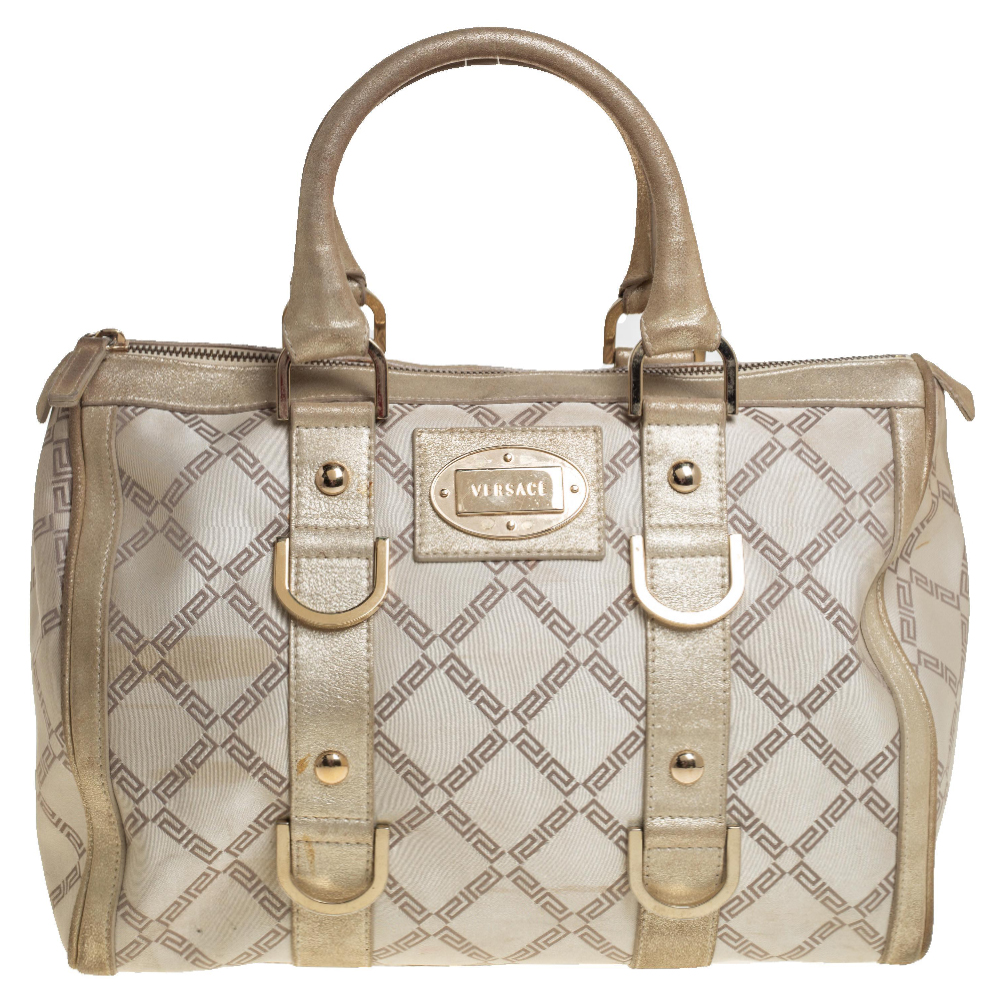 luxury-women-versace-used-handbags-p447850-009 Versace Metallic Gold/Cream Signature Canvas and Leather Snap Out Of It Satchel