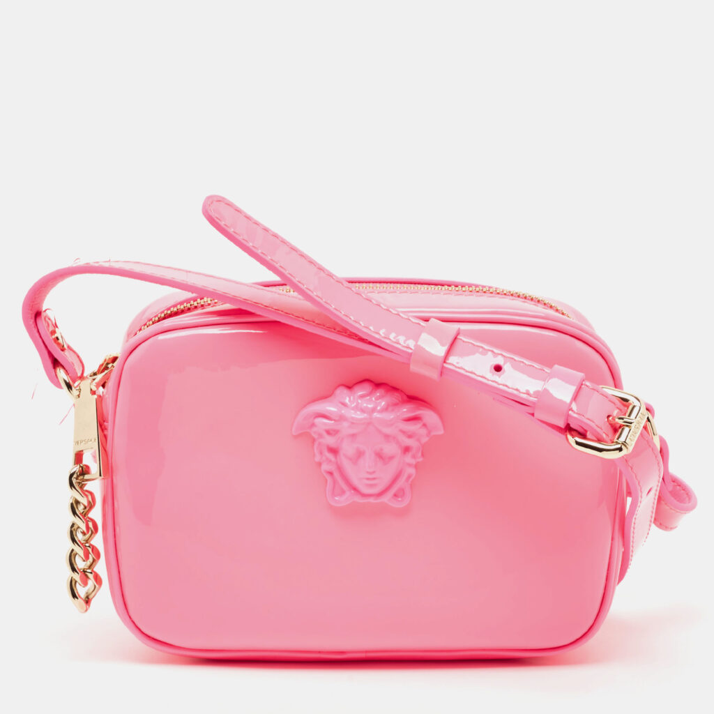 luxury-women-versace-used-handbags-p922015-013 Versace Neon Pink Patent Leather Palazzo Camera Crossbody Bag