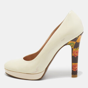 Versace Cream Patent Leather Floral Heel Platform Pumps Size 40