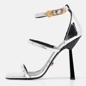 Versace Silver Leather Safety Pin Ankle Strap Sandals Size 39