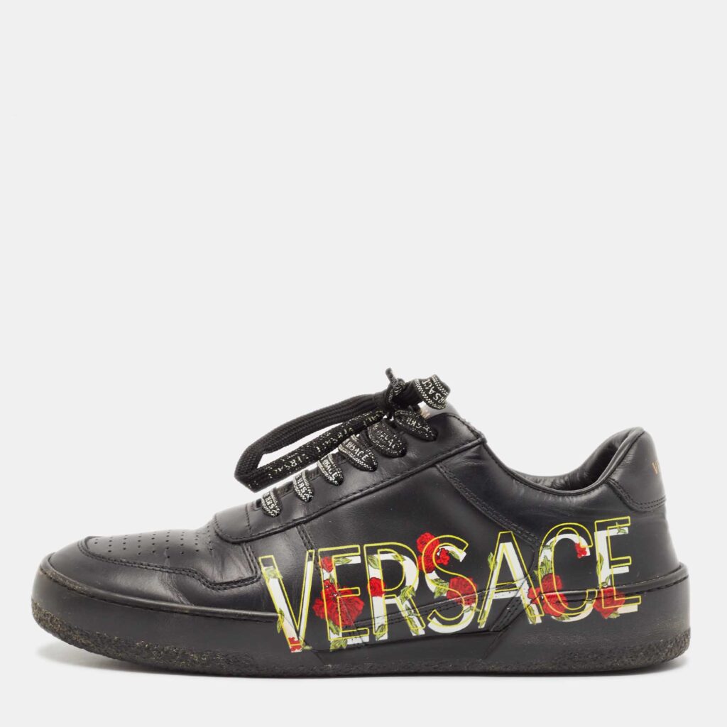 luxury-women-versace-used-shoes-p1108246-003 Versace Black Leather Floral Logo Low Top Sneakers Size 39