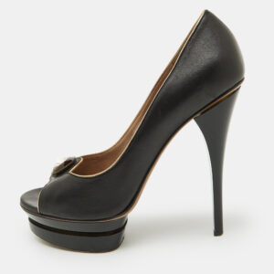 Versace Black Leather Crystal Peep Toe Platform Pumps Size 38.5