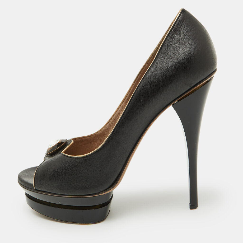 luxury-women-versace-used-shoes-p1109107-001 Versace Black Leather Crystal Peep Toe Platform Pumps Size 38.5