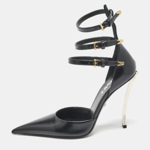 versace black leather decollete triple ankle strap pumps size 37