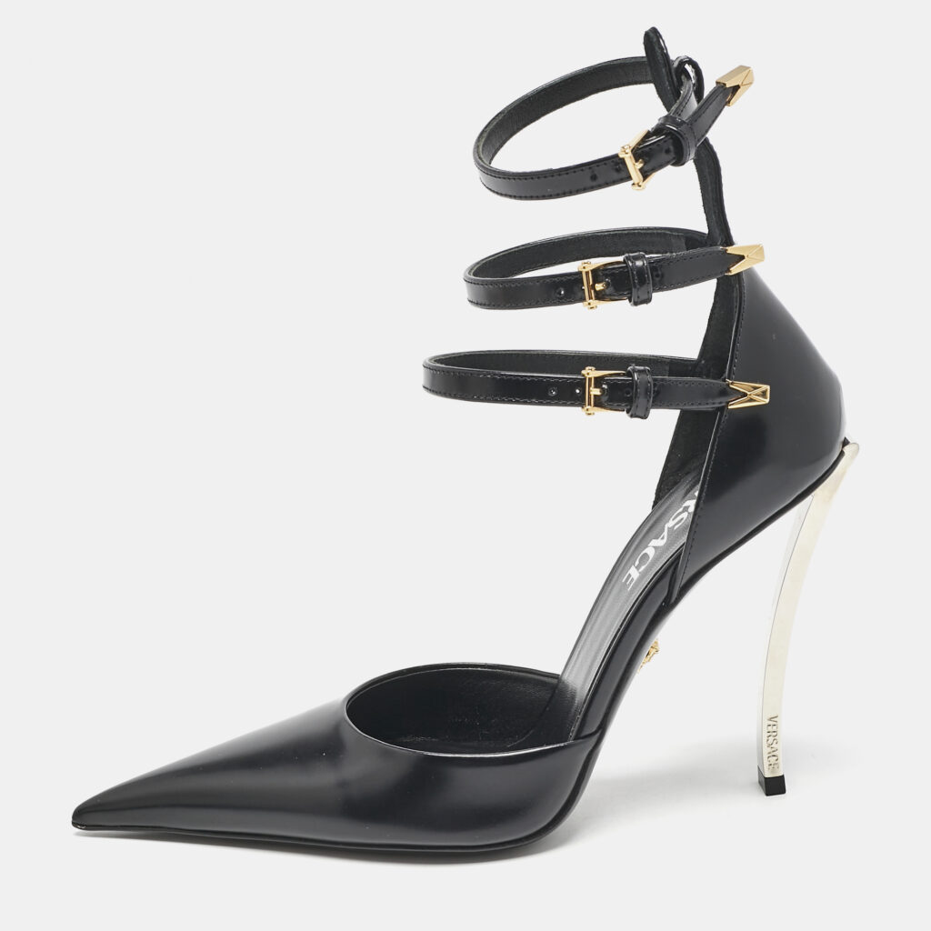 Versace Black Leather Decollete Triple Ankle Strap Pumps Size 37