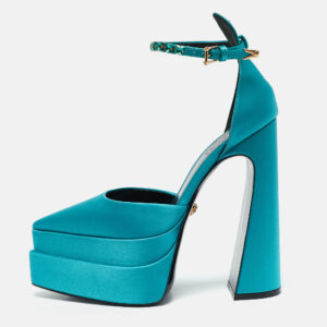 Versace Teal Blue Satin Aevitas Crystal Embellished Ankle Strap Platform Block Heel Pumps Size 39