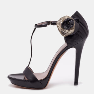 Versace Black Leather Flower Bow T- Strap Sandals Size 39