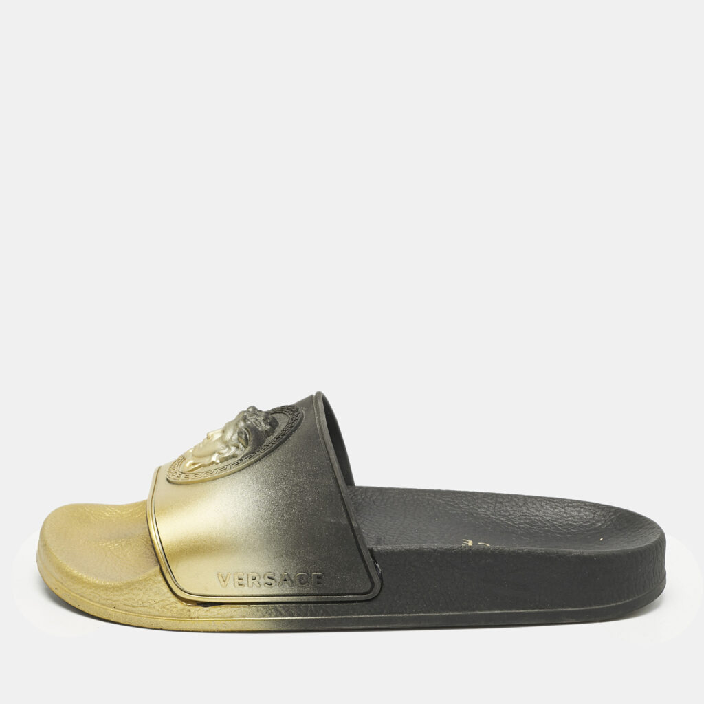 luxury-women-versace-used-shoes-p1155024-003 Versace Gold/Black Rubber Medusa Flat Pool Slide Sandals Size 37