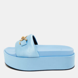 Versace Blue Satin Medusa Biggie Platform Slide Sandals Size 38