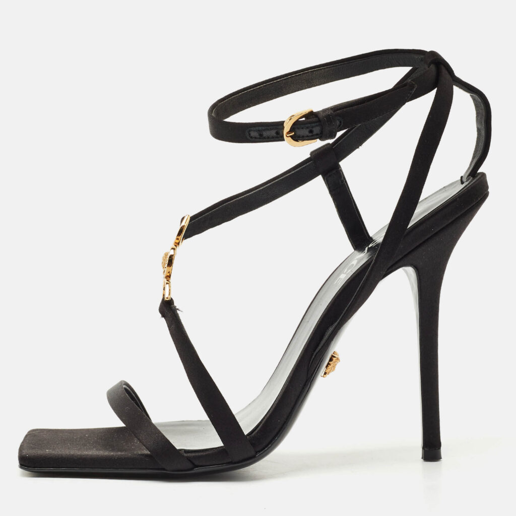 luxury-women-versace-used-shoes-p1164996-010 Versace Black Satin Medusa T-Strap Sandals Size 39