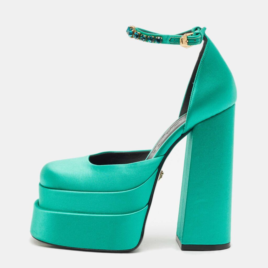 luxury-women-versace-used-shoes-p1166634-002 Versace Green Satin Aevitas Crystal Embellished Ankle Strap Platform Pumps Size 37