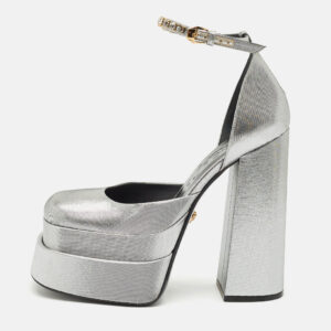 Versace Metallic Grey Fabric Medusa Aevitas Double Platform Pumps Size 38.5