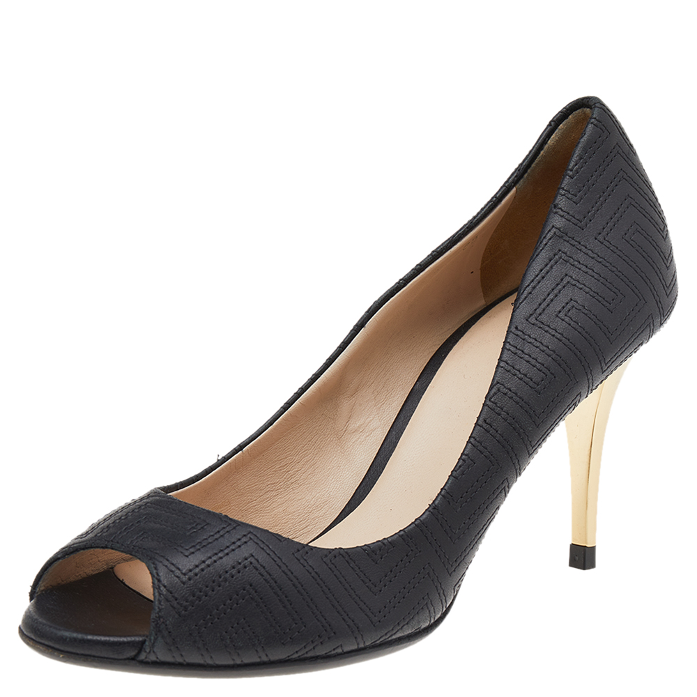 luxury-women-versace-used-shoes-p542801-005 Versace Black Quilted Leather Peep Toe Pumps Size 38
