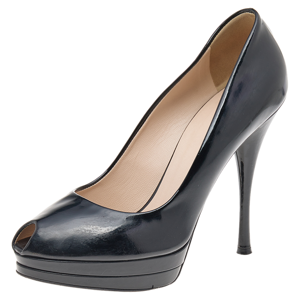 luxury-women-versace-used-shoes-p569182-007-1 Versace Black Patent Leather Peep Toe Platform Pumps Size 38