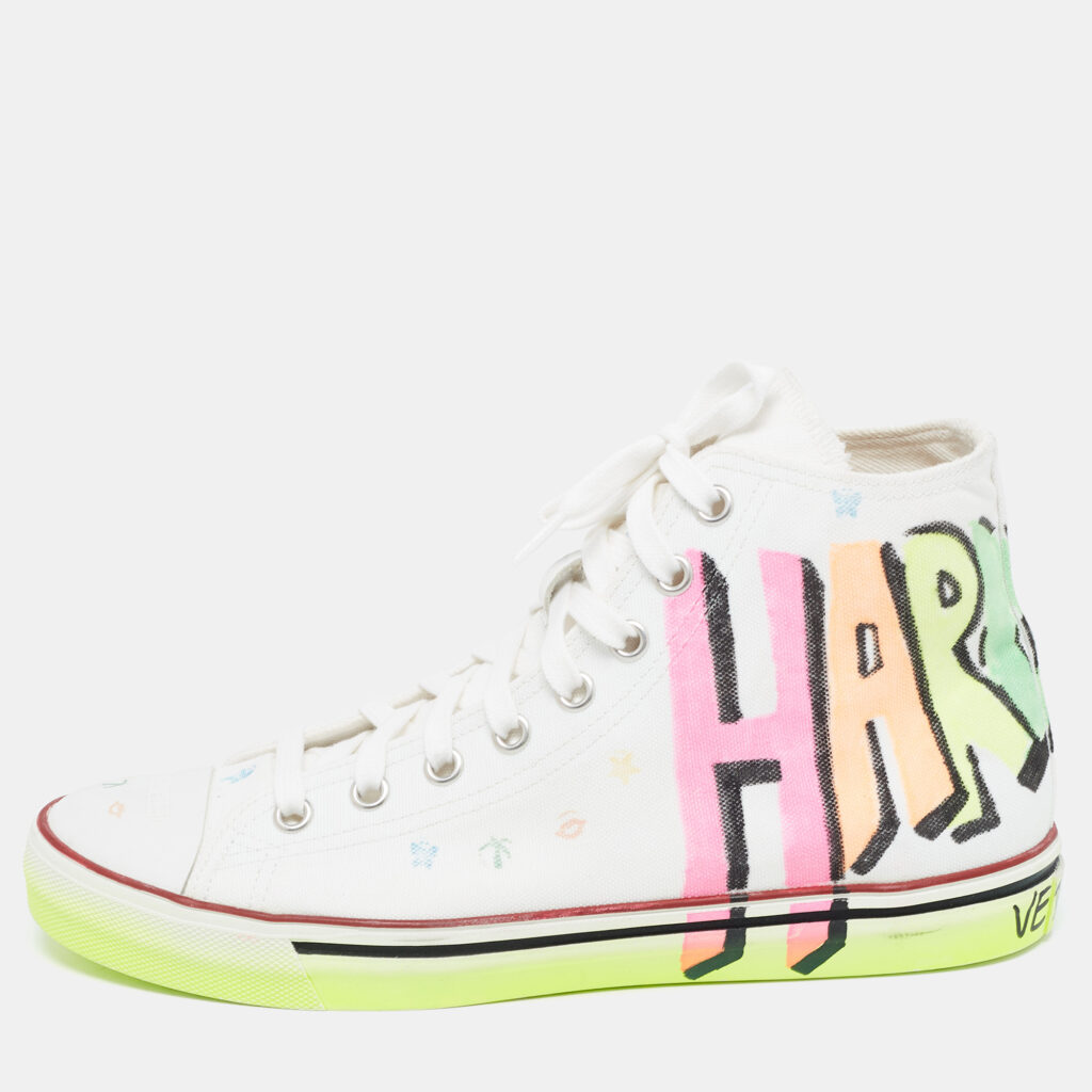 luxury-women-vetements-new-shoes-p917418-001 Vetements White Canvas Printed Hard Core Happiness High Top Sneakers Size 41