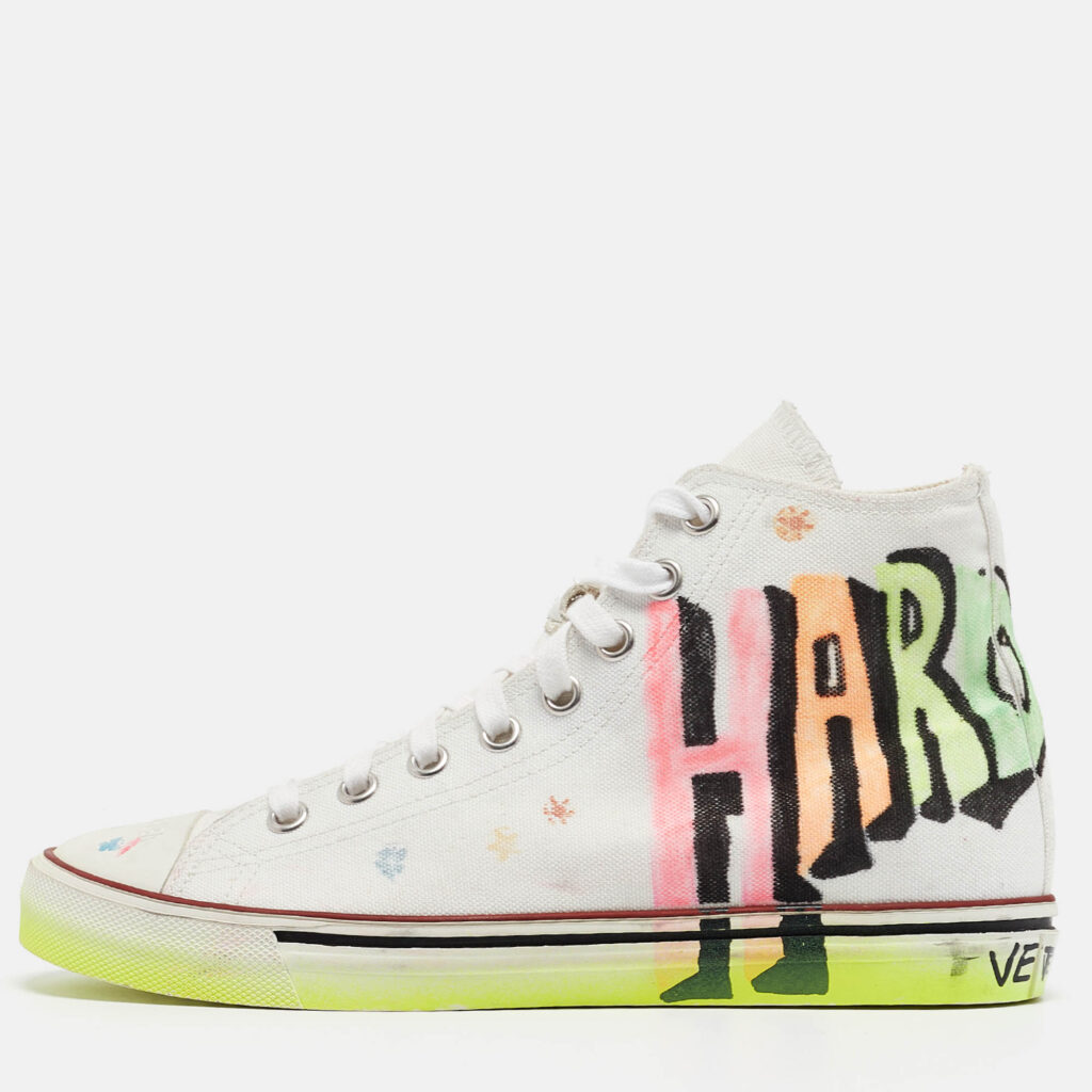 luxury-women-vetements-new-shoes-p973190-011 Vetements White Canvas Printed Hard Core Happiness High Top Sneakers Size 39