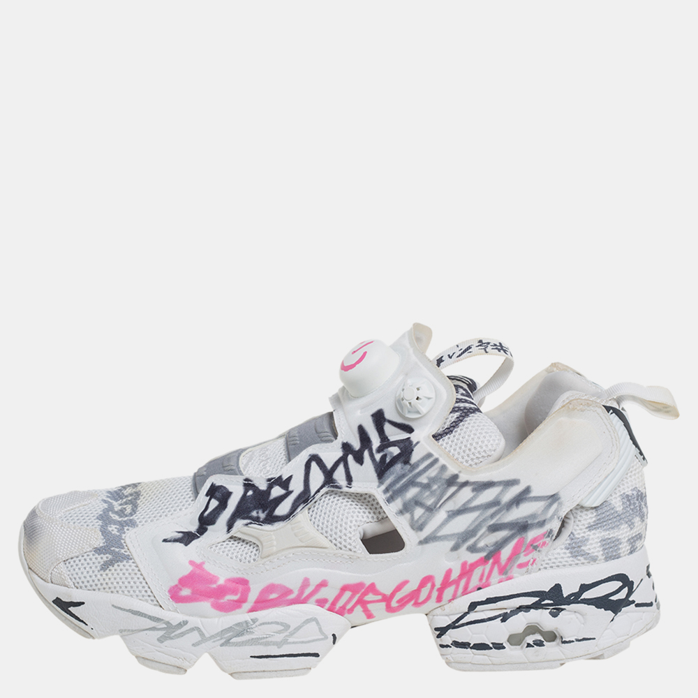 luxury-women-vetements-used-shoes-p430367-014 Vetements x Reebok White Doodle Print Fabric And Mesh Instapump Fury Low Top Sneakers Size 39