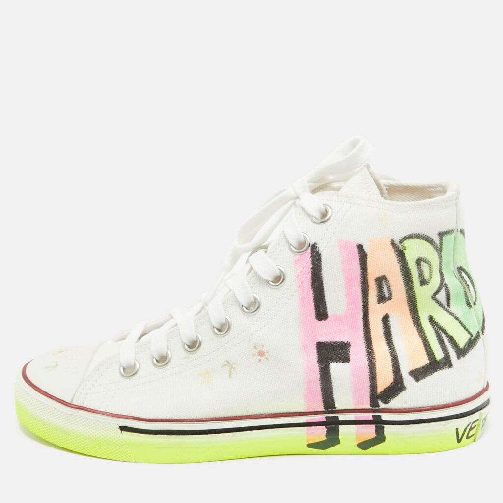 luxury-women-vetements-used-shoes-p974050-010 Vetements White Canvas Printed Hard Core Happiness High Top Sneakers Size 36.5