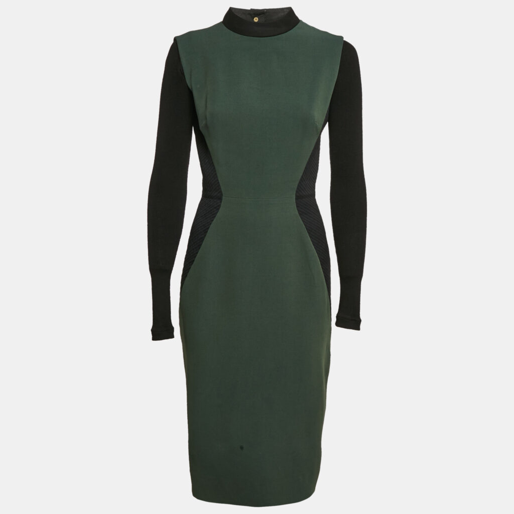 luxury-women-victoria-beckham-used-clothes-p1164947-007 Victoria Beckham Green/Black Wool Blend Paneled Detail Bodycon Dress M