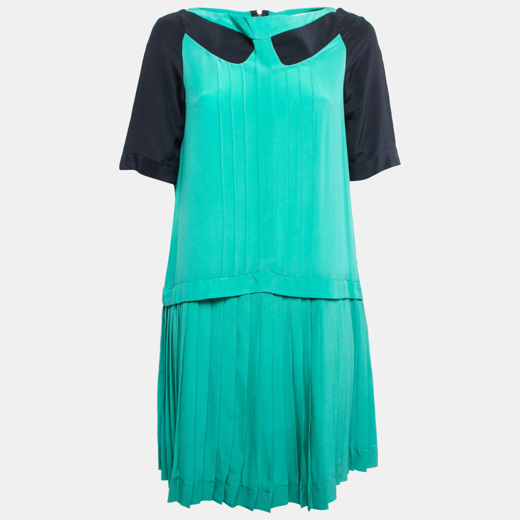 luxury-women-victoria-victoria-beckham-used-clothes-p815565-005 Victoria Victoria Beckham Green/Navy Blue Silk Pleated Mini Dress M