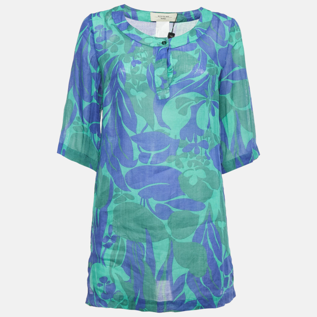 luxury-women-weekend-max-mara-new-clothes-p1129006-006 Weekend Max Mara Green/Blue Floral Print Ramie Buttoned Tunic XS