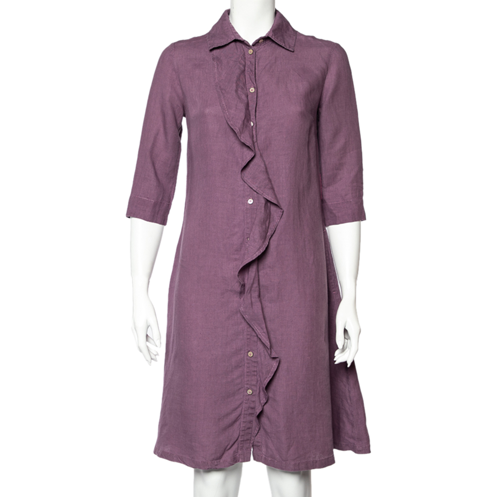 luxury-women-weekend-max-mara-used-clothes-p525733-002-2 Weekend Max Mara Purple Linen Ruffle Detail Button Front Midi Dress S
