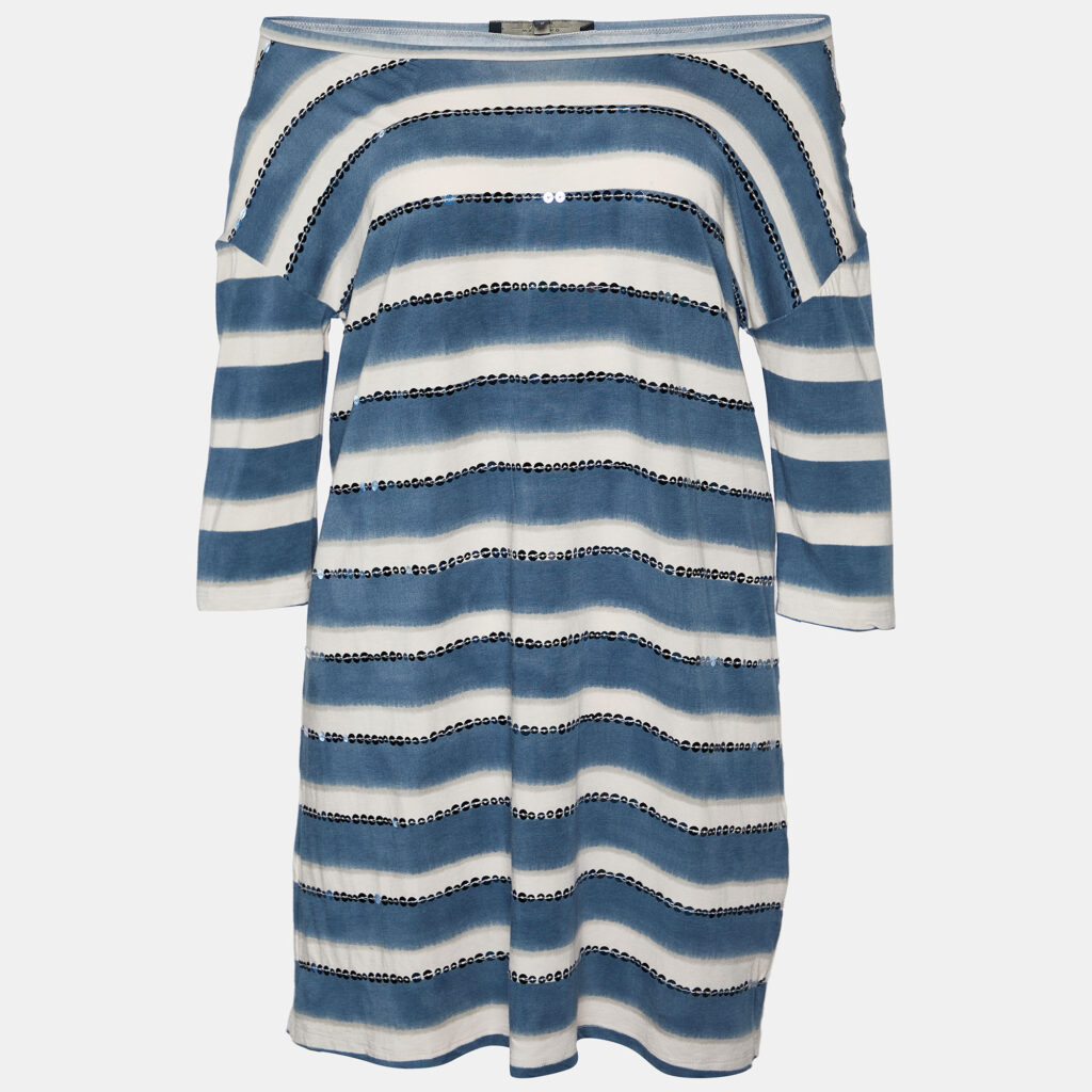 luxury-women-weekend-max-mara-used-clothes-p808289-001 Weekend Max Mara White & Blue Cotton Striped Sequin Embellished Top M