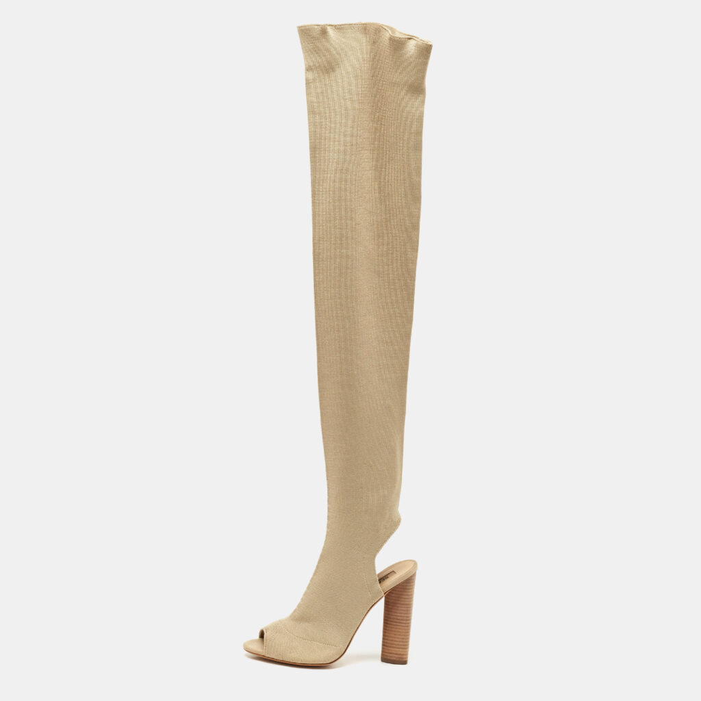 Yeezy Season 5 Beige Knit Fabric Over The Knee Length Boots Size 37.5