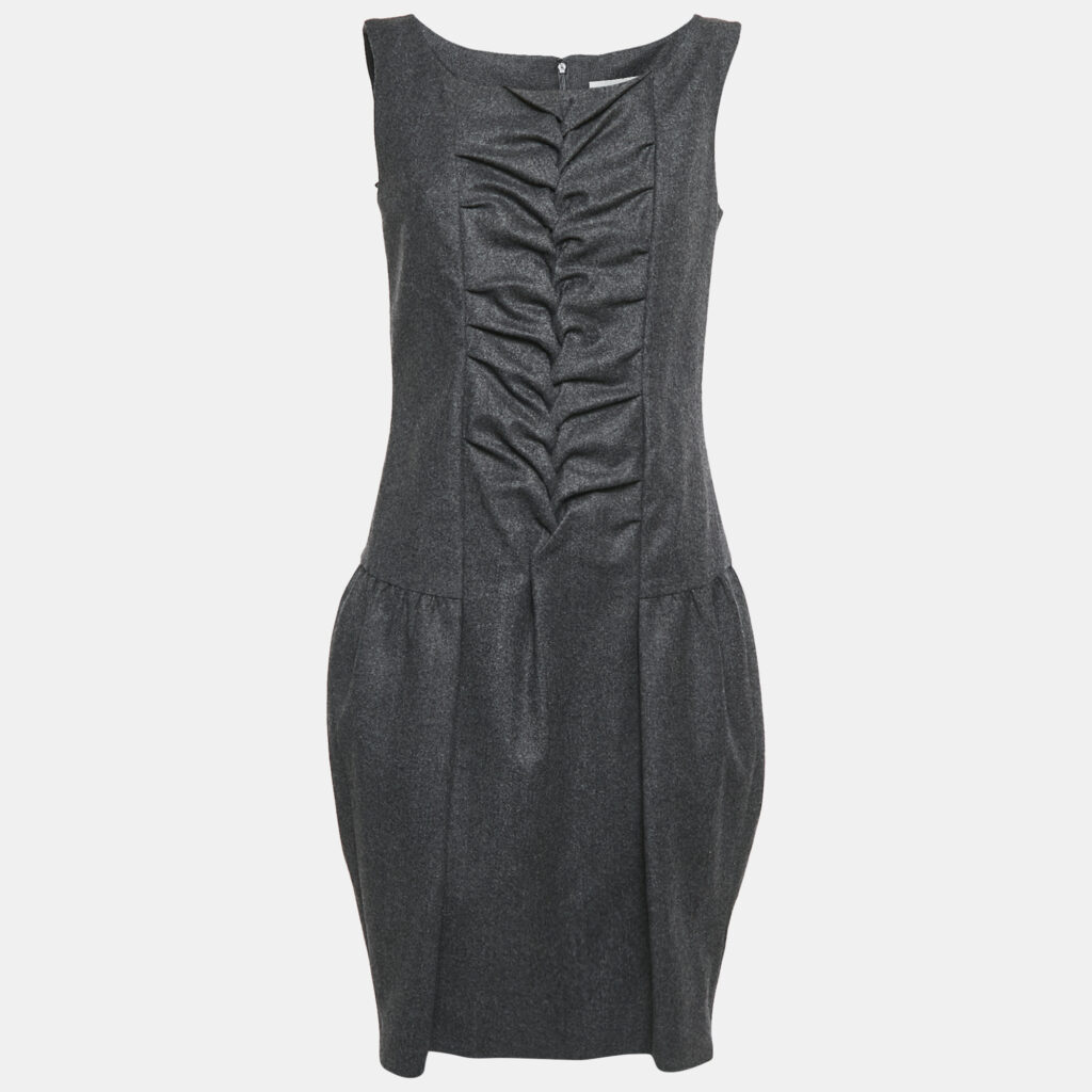 Yves Saint Laurent Dark Grey Wool Smock Detail Sleeveless Mini Dress M