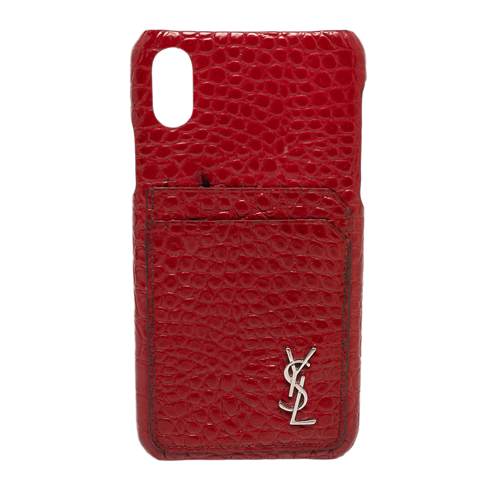 luxury-women-yves-saint-laurent-used-accessories-p482633-004 Saint Laurent Paris Red Croc Embossed Leather iPhone XS Max Case