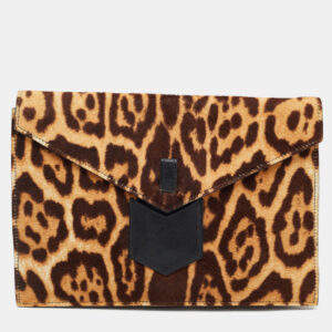 Yves Saint Laurent Brown Leopard Print Calf Hair Envelope Clutch