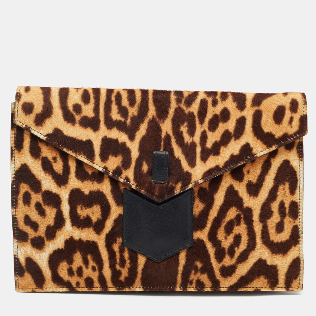 luxury-women-yves-saint-laurent-used-handbags-p1101243-001 Yves Saint Laurent Brown Leopard Print Calf Hair Envelope Clutch