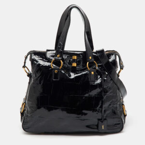 yves saint laurent black croc embossed patent leather muse messenger bag