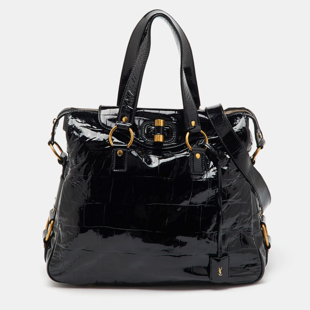 luxury-women-yves-saint-laurent-used-handbags-p1160309-004.jpg Yves Saint Laurent Black Croc Embossed Patent Leather Muse Messenger Bag