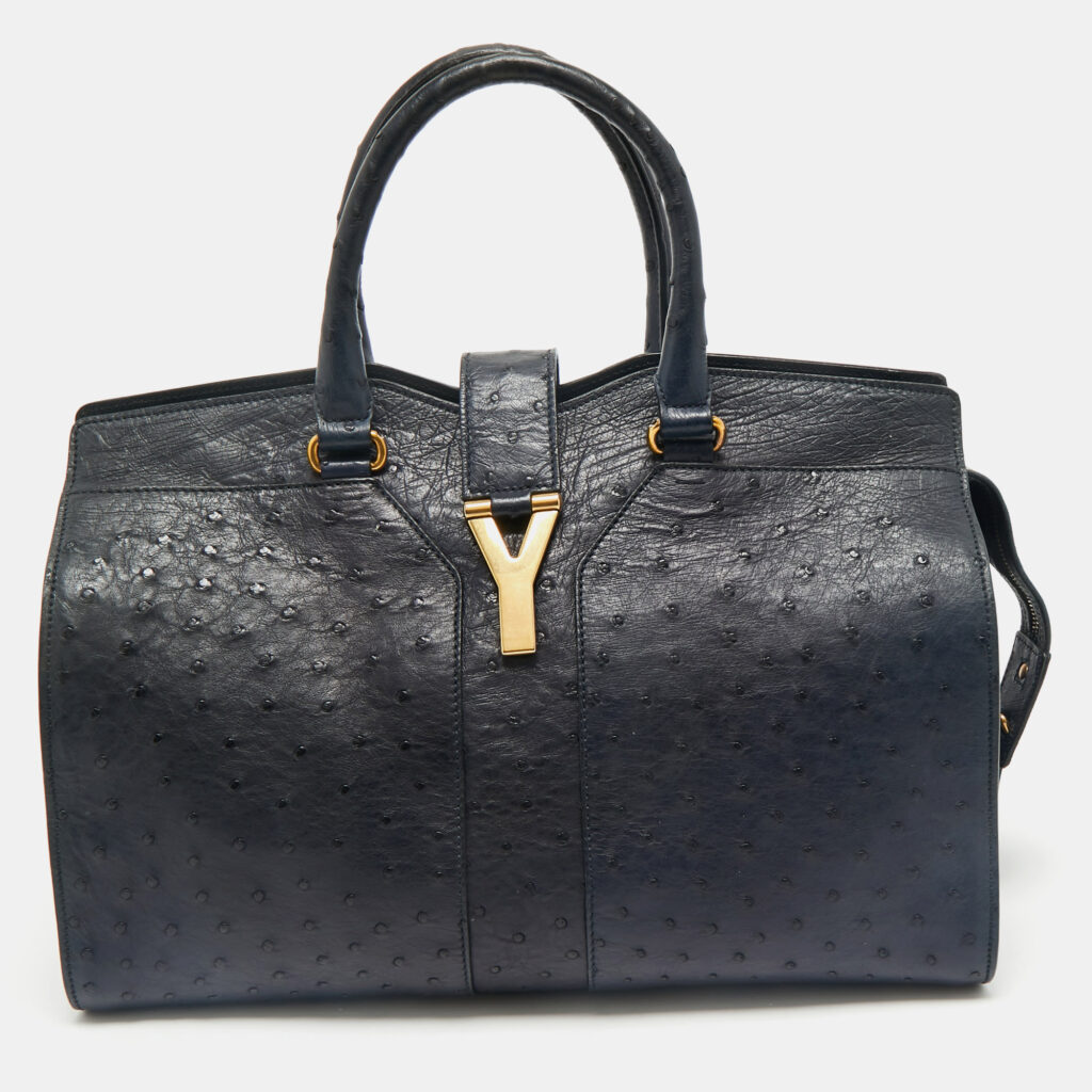 luxury-women-yves-saint-laurent-used-handbags-p1169055-009 Yves Saint Laurent Navy Blue Ostrich Medium Cabas Chyc Tote