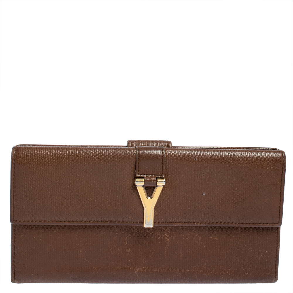 luxury-women-yves-saint-laurent-used-handbags-p423867-003 Yves Saint Laurent Brown Leather Y Ligne Flap Continental Wallet