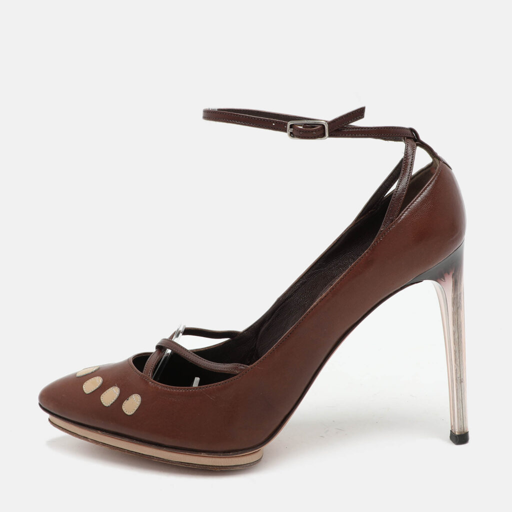 luxury-women-yves-saint-laurent-used-shoes-p1046919-009 Yves Saint Laurent Brown Leather Ankle Strap Pumps Size 37.5