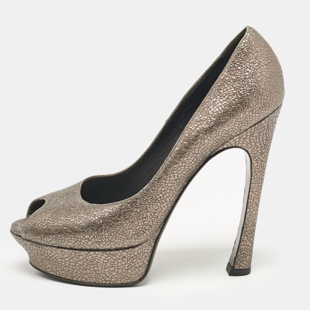 luxury-women-yves-saint-laurent-used-shoes-p1070749-003 Yves Saint Laurent Grey Textured Leather Palais Peep Toe Pumps Size 41