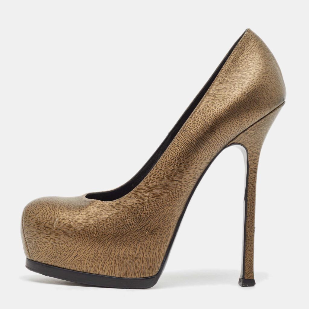 luxury-women-yves-saint-laurent-used-shoes-p1076816-003 Yves Saint Laurent Gold/Black Textured Leather Tribtoo Pumps Size 38