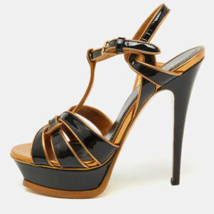 Yves Saint Laurent Black/Gold Patent Leather and Leather Tribute Platform Sandals Size 36.5