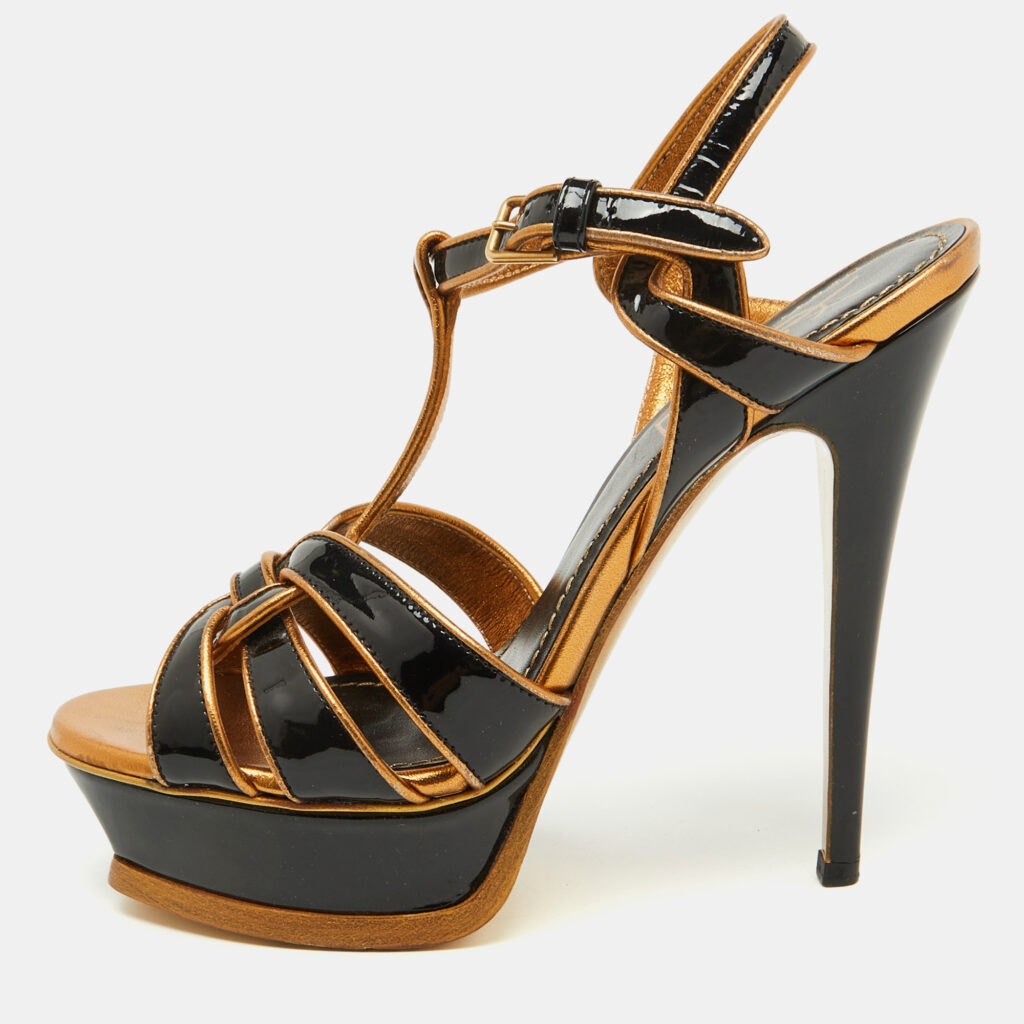 Yves Saint Laurent Black/Gold Patent Leather and Leather Tribute Platform Sandals Size 36.5