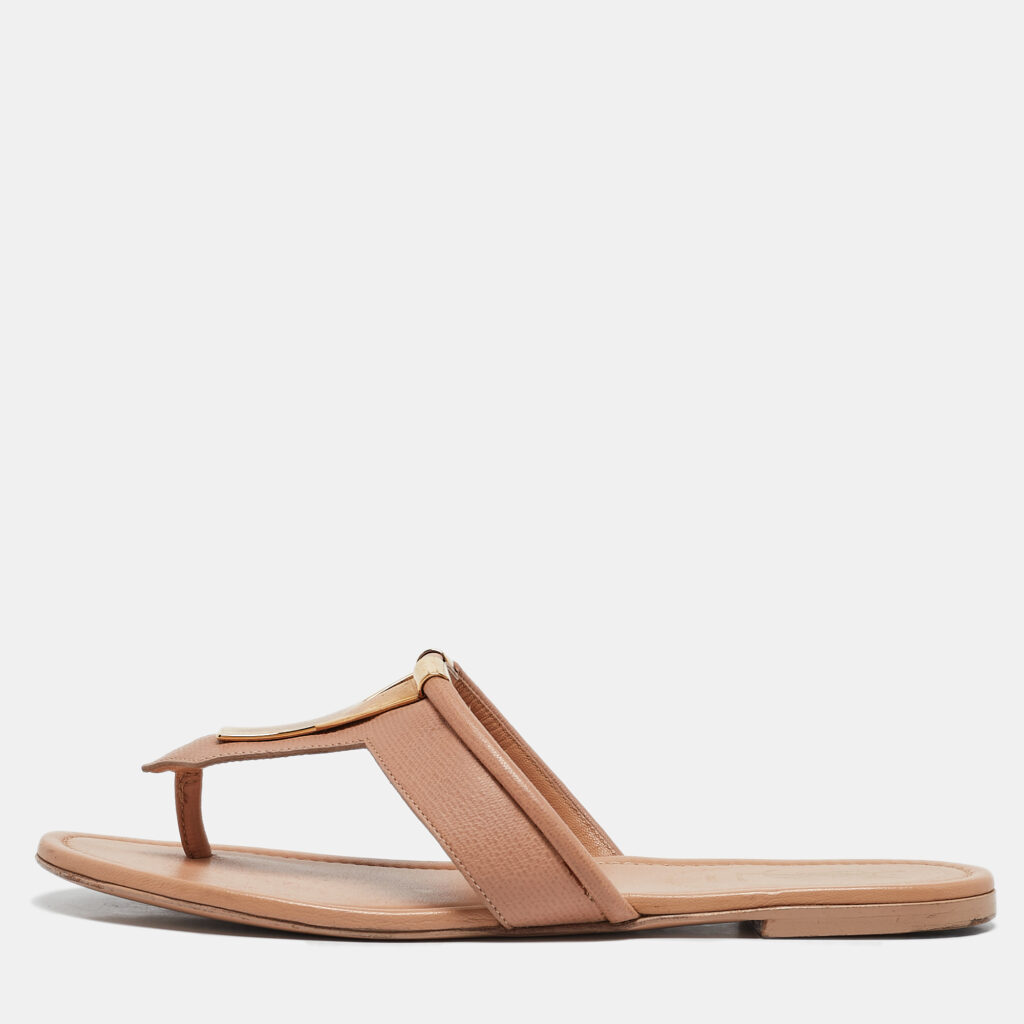 luxury-women-yves-saint-laurent-used-shoes-p1101768-002 Yves Saint Laurent Beige Leather Ycon Thong Flats Size 38