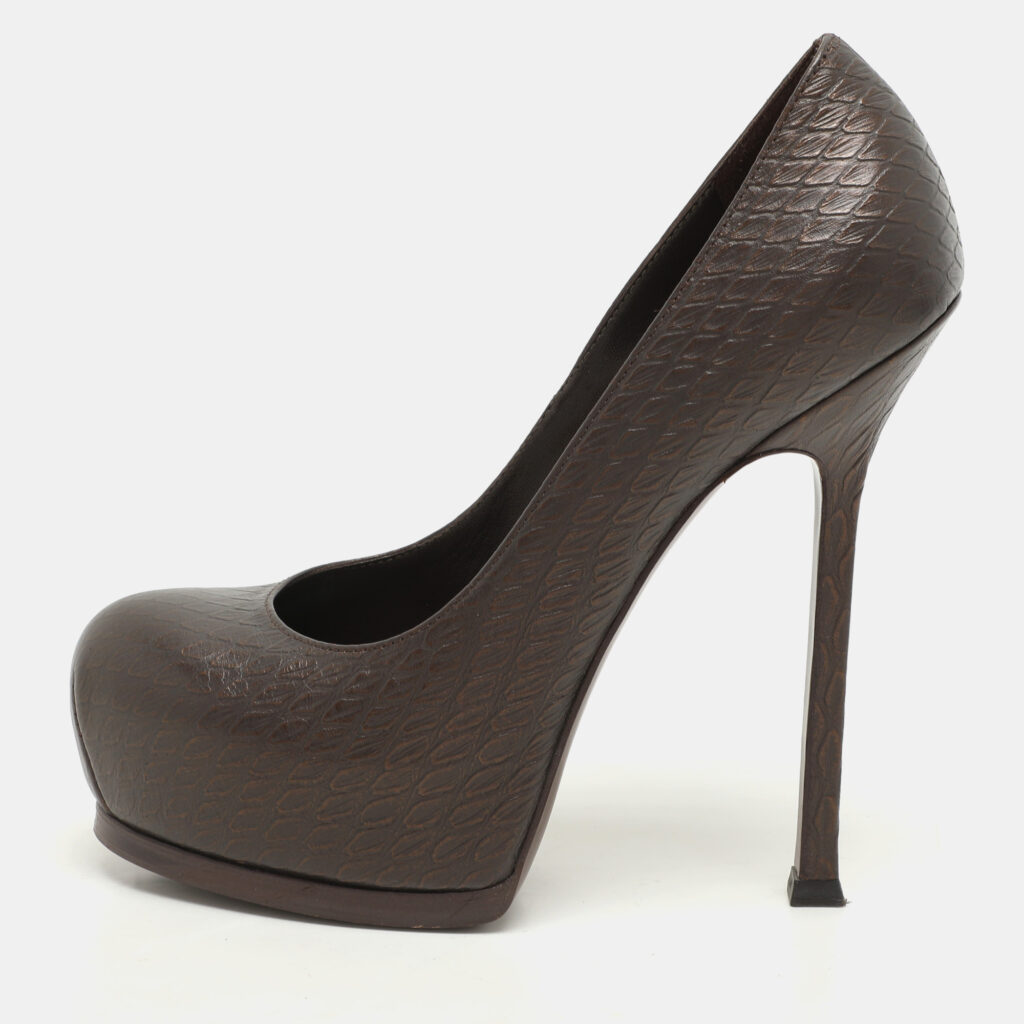 luxury-women-yves-saint-laurent-used-shoes-p1145917-009 Yves Saint Laurent Brown Python Embossed Leather Tribtoo Platform Pumps Size 36